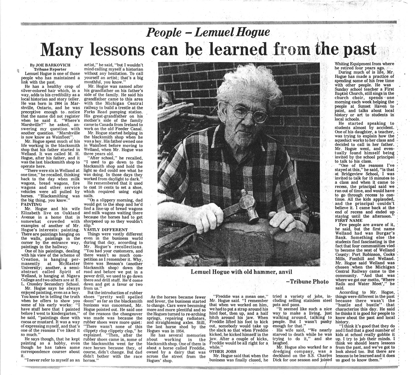 Scan of
  the article from the Welland Tribune newspaper article.